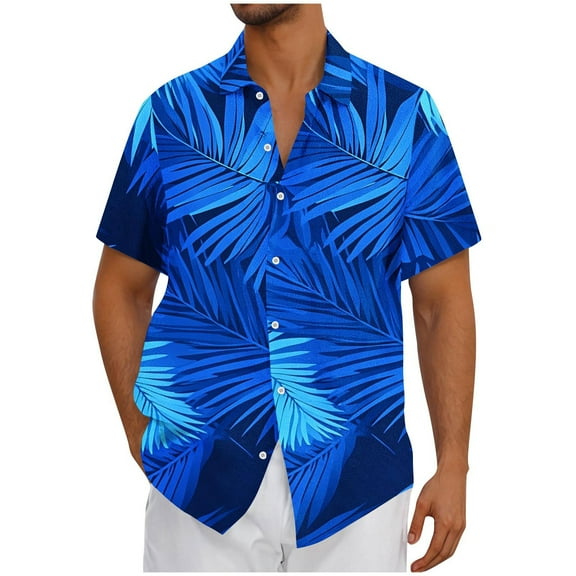 DeHolifer Men's Shirts Plus Size Hawaii Printed Vintage Casual Short Sleeve Bowling & Beach Button-Up Summer Shirts Blue 4XL
