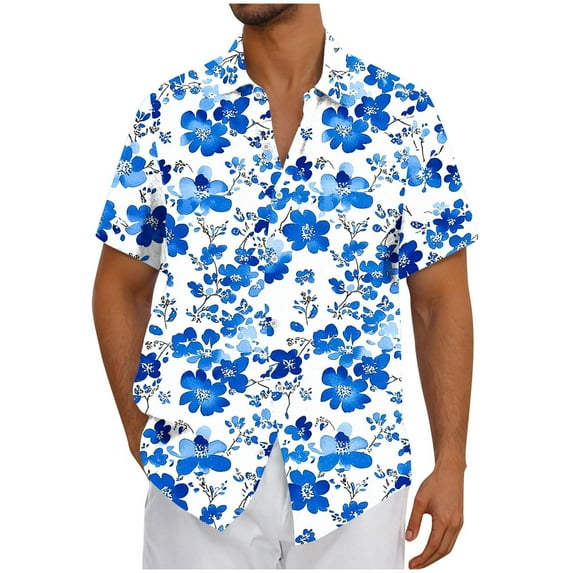 DeHolifer Men's Shirts Plus Size Hawaii Printed Vintage Casual Short Sleeve Bowling & Beach Button-Up Summer Shirts Blue L