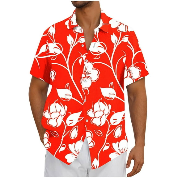 QQAMB Men's Shirts Plus Size Hawaii Printed Vintage Casual Short Sleeve Bowling & Beach Button-Up Summer Shirts Red M