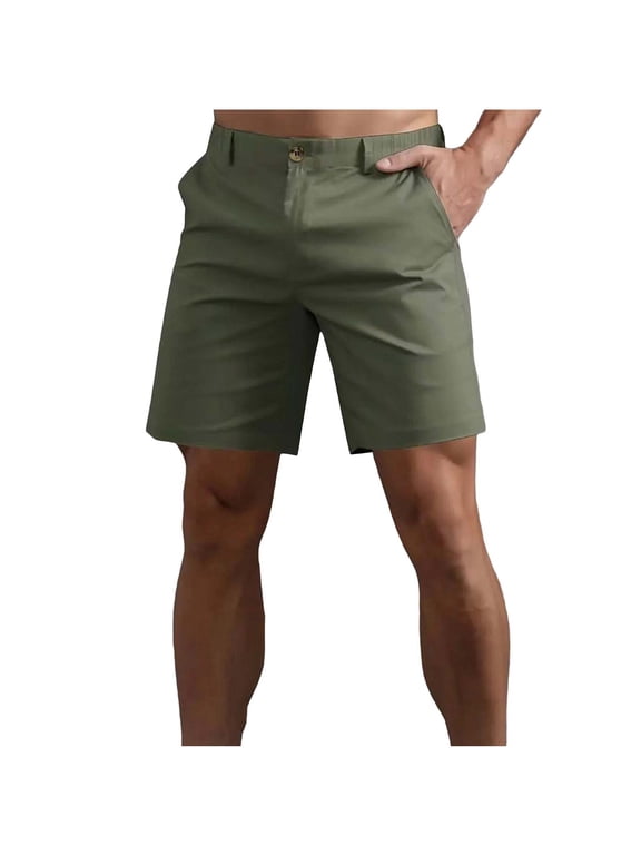 Men's Shorts Casual Cotton Flat Front Chino Shorts Summer Elastic Waist Pull On Short with Pockets Army Green XL