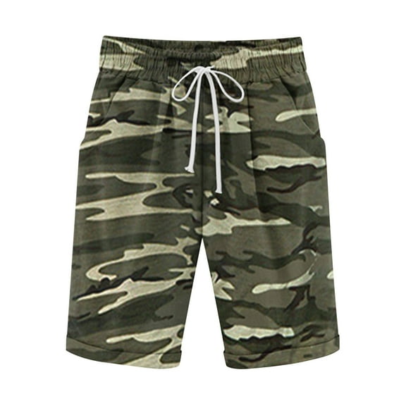 DeHolifer Men's Shorts Cotton Linen Plus Size Drawstring Elastic Waisted Flame Pritned Capris Shorts with Pocket Army Green 2XL