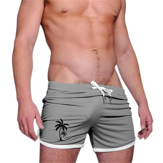 DeHolifer Men's Sports Shorts Breathable Running Fitness Drawstring Training Palm Tree Print Cropped Shorts Gray XL