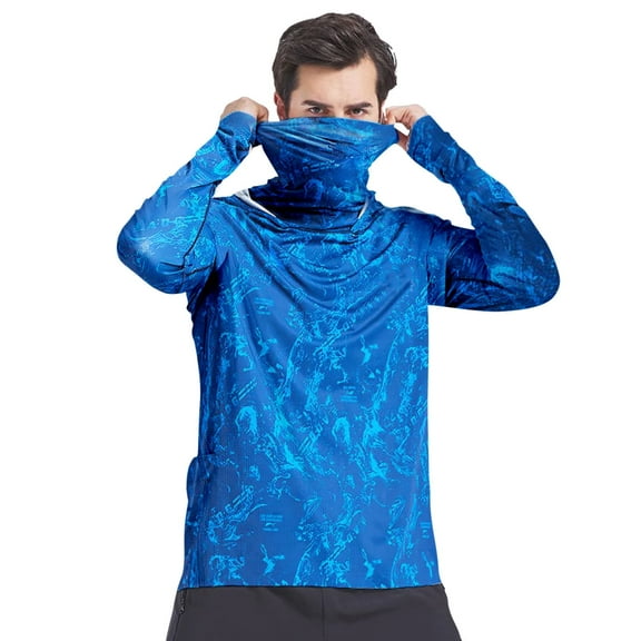 QQAMB Men's Sun Protection Hoodie Long Sleeve Summer Lightweight UPF 50+ Fishing Hiking Shirt UV Shirts with Mask Blue L