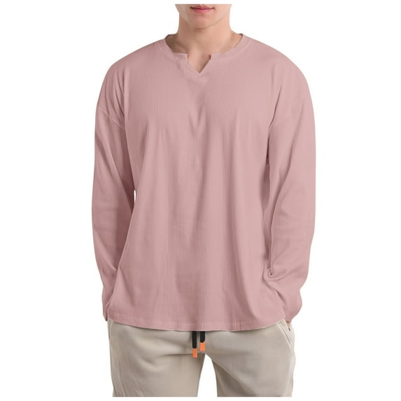 DeHolifer Men's T-Shirts Casual Pullover Solid Color Long Sleeve V-Neck Loose Blouse Tops Pink 2XL
