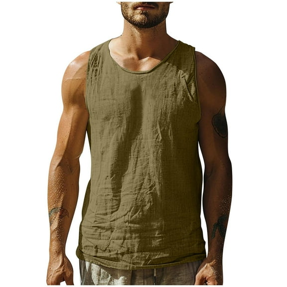 QQAMB Men's T-Shirts Solid Color Crewneck Sleeveless Cotton Linen Summer Trendy Lightweight Tank Tops Army Green 2XL