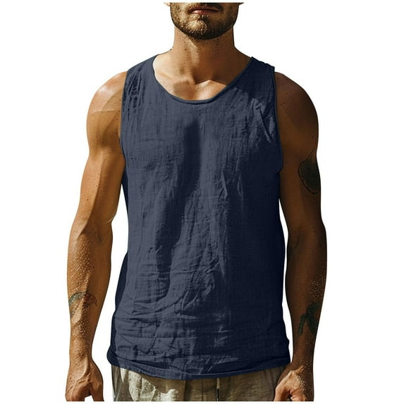 QQAMB Men's T-Shirts Solid Color Crewneck Sleeveless Cotton Linen Summer Trendy Lightweight Tank Tops Navy 4XL