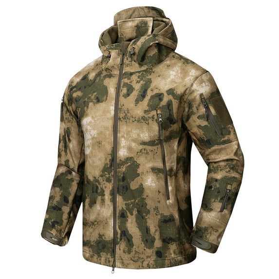 QQAMB Men's Winter Coat Camouflage Zipper Pockets Long Sleeve Hooded Casual Jacket Waterproof Windproof Outwear Coat Gold L