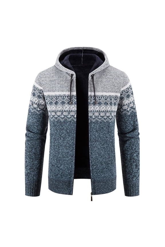 Men's Winter Coat Ethnic Style Printed Zipper Sweater Long Sleeve Hooded Outwear Casual Coat Gray 2XL