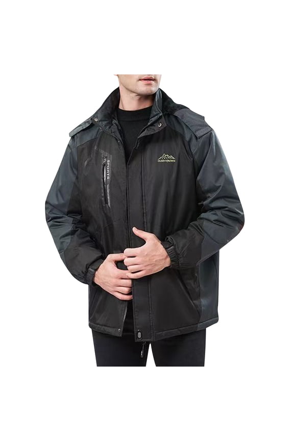 DeHolifer Men's Winter Coat Plus Size Color Block Zipper Fleece Pocket Detachable Zipper Outdoor Jacket Black 3XL
