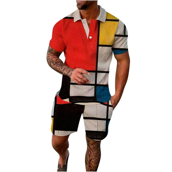 DeHolifer Mens 2 Piece Outfit Short Sleeve Lapel Button Color Block Shirts + Shorts Summer Casual Set Orange 2XL