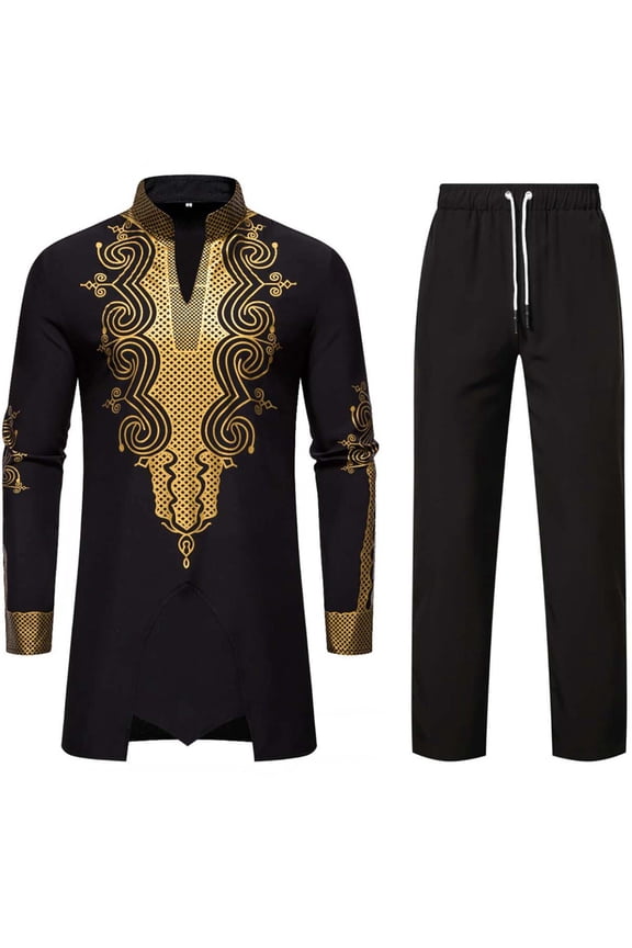 Mens African 2 Piece Set Nigerian Dashiki Metallic Traditional Suit Gold Printed Shirt and Pants Outfits Black L