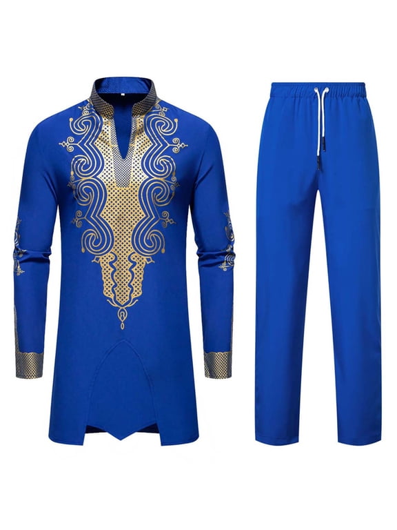 Mens African 2 Piece Set Nigerian Dashiki Metallic Traditional Suit Gold Printed Shirt and Pants Outfits Blue 2XL