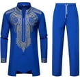 thumbnail image 1 of QQAMB Mens African 2 Piece Set Nigerian Dashiki Metallic Traditional Suit Gold Printed Shirt and Pants Outfits Blue L, 1 of 7