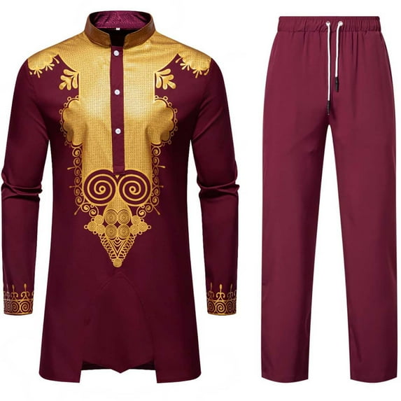 QQAMB Mens African 2 Piece Set Nigerian Dashiki Metallic Traditional Suit Gold Printed Shirt and Pants Outfits Wine 2XL
