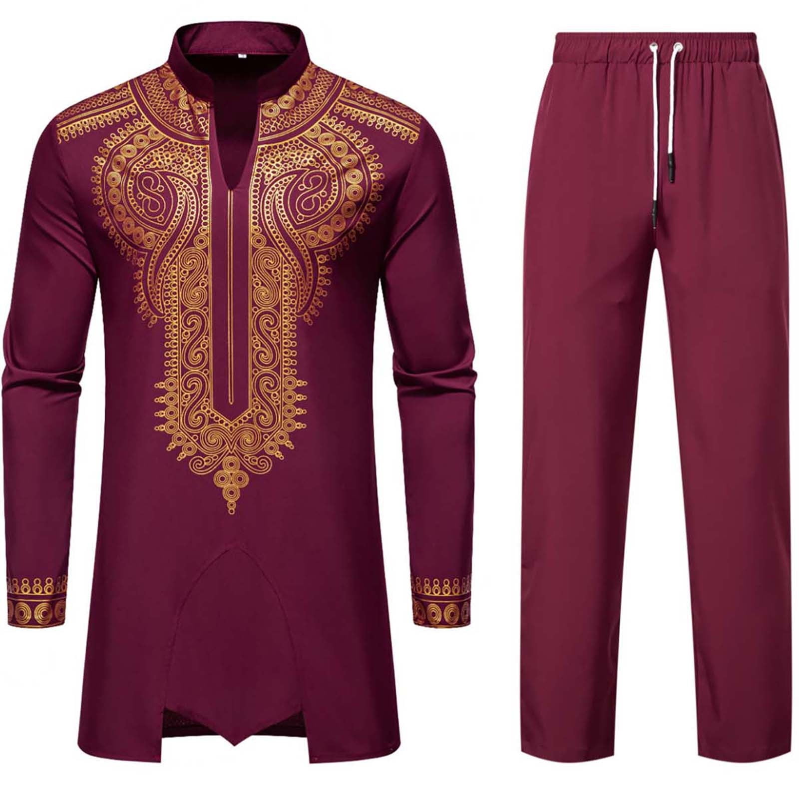 Men's African Dashiki 2-Piece Set - Long Sleeve Tribal Print Shirt And Pants Outfit