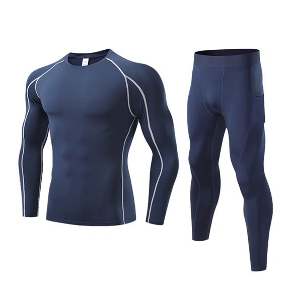 DeHolifer Mens Athletic Sets Compression Shirt UPF 50+ Long Sleeve Turtleneck Undershirts and Pants 2 Piece Outfits Sets Navy M