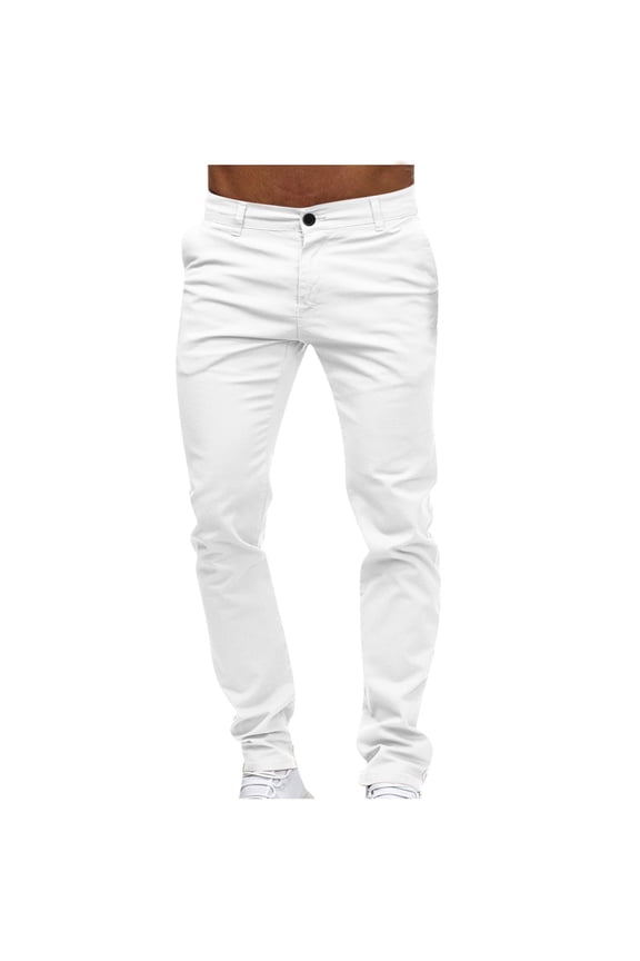Mens Casual Chinos Pants Cotton Slacks Elastic Waistband Classic Fit Flat Front Khaki Pant White L