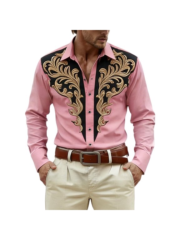 Mens Cowboy Shirt Embroidered Slim Fit Casual Button Down Hippie Shirts Vintage Long Sleeve Tops with Pockets Pink XL