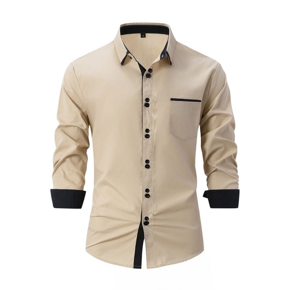 DeHolifer Mens Dress Shirt Color Block Long Sleeve Business Casual Button Down Work Shirts Khaki L