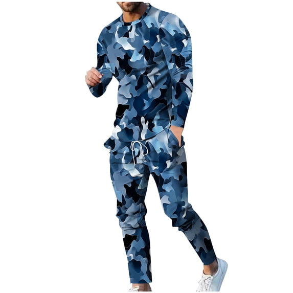 DeHolifer Mens Sets 2 Piece Outfits Camouflage Long Sleeve Lightweight T-Shirts and Jogging Pants Athletic Sweatsuit Dark Blue L