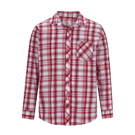 DeHolifer Mens Shirts Plaid Print Button Up Cotton Lapel Long Sleeve Business Casual Shirts with Pocket Red M