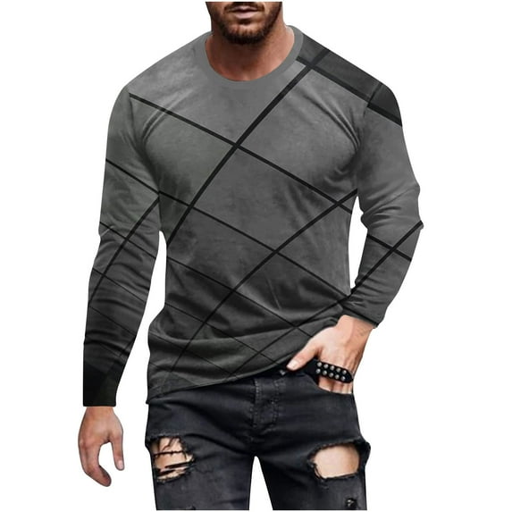 DeHolifer Mens T-Shirts Graphic Geometric Printed Crewneck Long Sleeve Pullover T-Shirt Casual Fashion Sweatshirts Dark Gray L