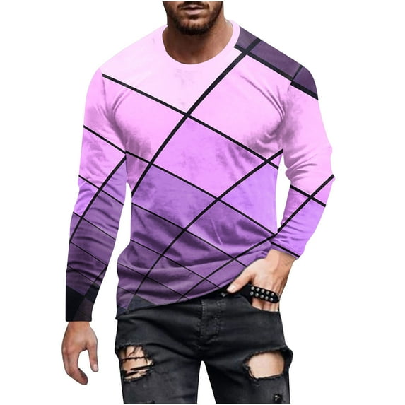 DeHolifer Mens T-Shirts Graphic Geometric Printed Crewneck Long Sleeve Pullover T-Shirt Casual Fashion Sweatshirts Purple S