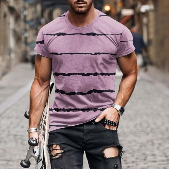 DeHolifer Mens T-shirts Plus Size Short Sleeve Strip Printed Crewneck T-shirts Loose Casual Holiday Pullover Tops Pink XL