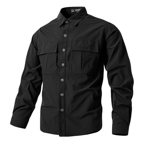 DeHolifer Mens Work Shirts Long Sleeve Solid Color Turndown Collar Quick Drying Tops Button Shirts with Multiple Pockets Black 2XL