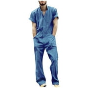 DeHolifer Mens Zipper Overalls Buttons-Front Coverall Jumpsuit Long-Sleeved Fashion with Lapel Solid Color Work Trousers Blue L