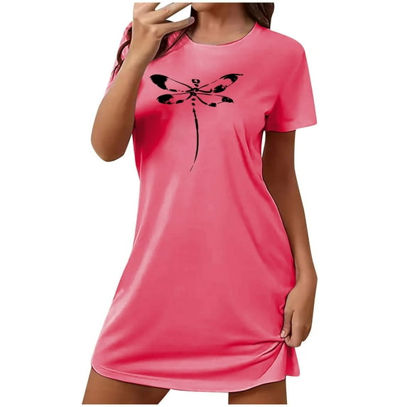 DeHolifer Nightgown for Women Plus Size Loose Short Sleeve Night Dress Casual Printed Sleepwear Soft Sleep Shirt Hot Pink M