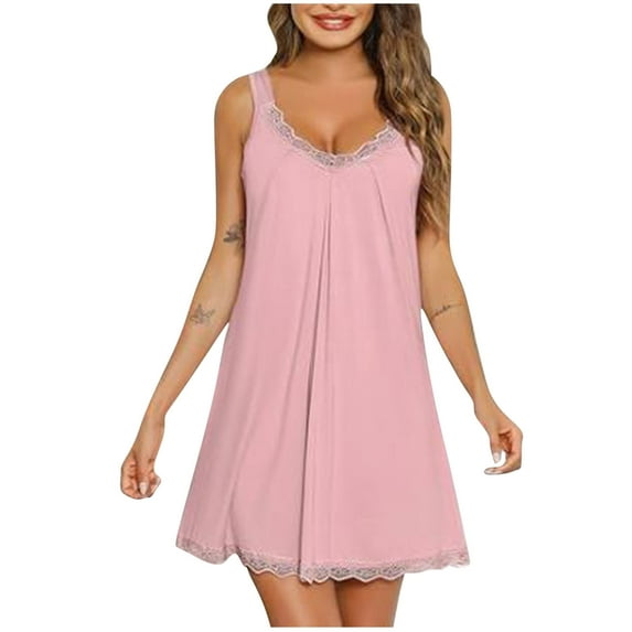 DeHolifer Nightgown for Women Sleeveless Lace Chemise Solid Color Sleepwear Loose Lightweight Night Dress Pink 2XL