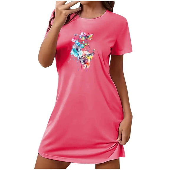 DeHolifer Nightgowns for Women Short Sleeve Sleepshirt Crewneck Casual Printed Sleepwear Soft Nightshirt Pajama Dress Hot Pink L