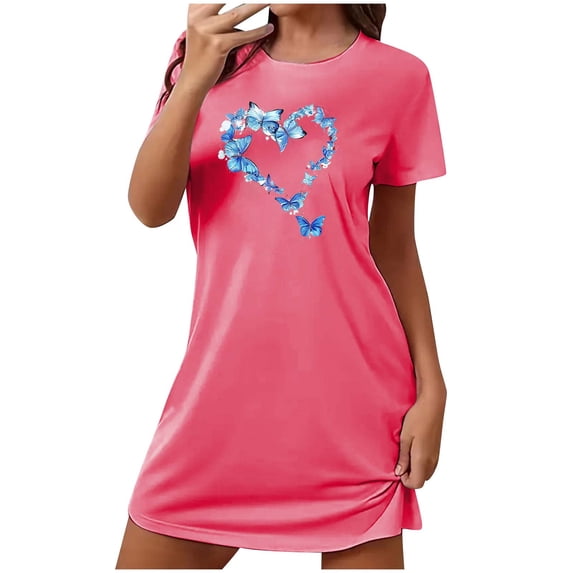 DeHolifer Nightgowns for Women Soft Loose Casual Printed Sleep Shirts Short Sleeve Sleepwear Nightshirt Hot Pink XL