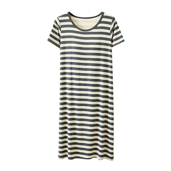 DeHolifer Nightgowns for Women Strip Printed Short Sleeve Casual Sleep Shirt Loungerwaer Pullover Long T-Shirts Dresses Gray XL