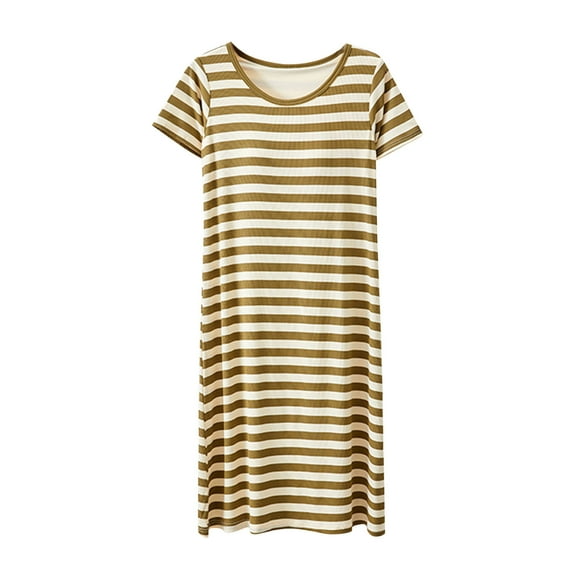 DeHolifer Nightgowns for Women Strip Printed Short Sleeve Casual Sleep Shirt Loungerwaer Pullover Long T-Shirts Dresses Green L