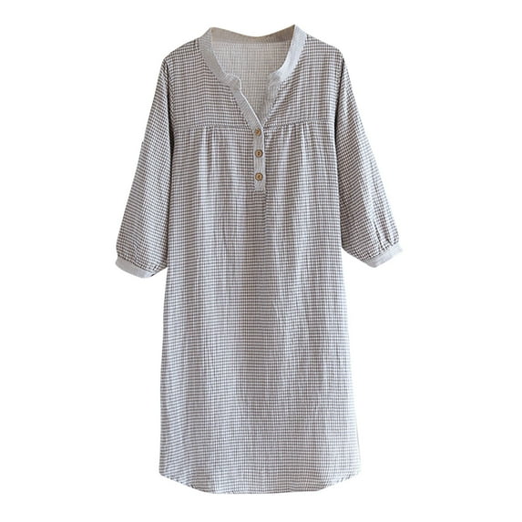 DeHolifer Nightshirt for Women Cotton Plaid Printed V-Neck Button 3/4 Sleeve Homewear Loungewear Nightgown Gray L