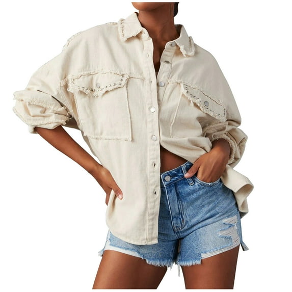 DeHolifer Oversize Denim Jacket for Women Ripped Jean Jacket with Pockets Boyfriend Long Sleeve Trucker Coat Beige XL