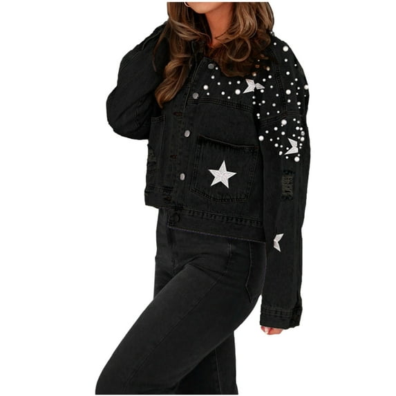 DeHolifer Oversize Denim Jacket for Women Ripped Jean Jacket with Pockets Boyfriend Long Sleeve Trucker Coat Black L