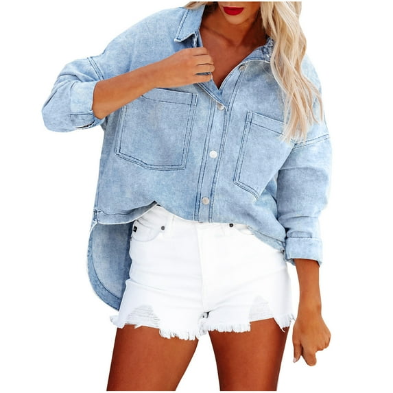 DeHolifer Oversize Denim Jacket for Women Ripped Jean Jacket with Pockets Boyfriend Long Sleeve Trucker Coat Blue 2XL