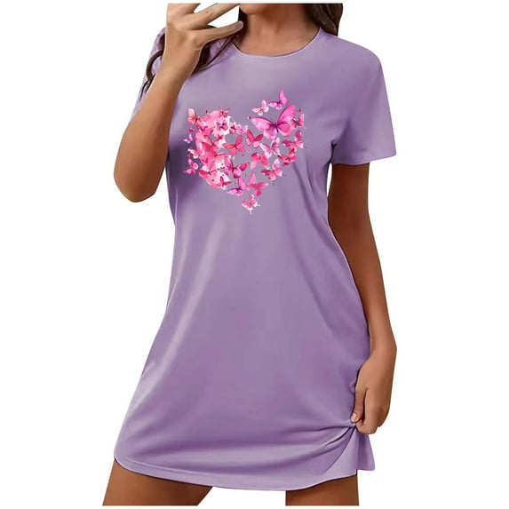 DeHolifer Oversized Nightgown for Women Short Sleeve Printed Sleepshirts Cute Night Shirts Soft Pajama Sleepwear Nightdress Purple M