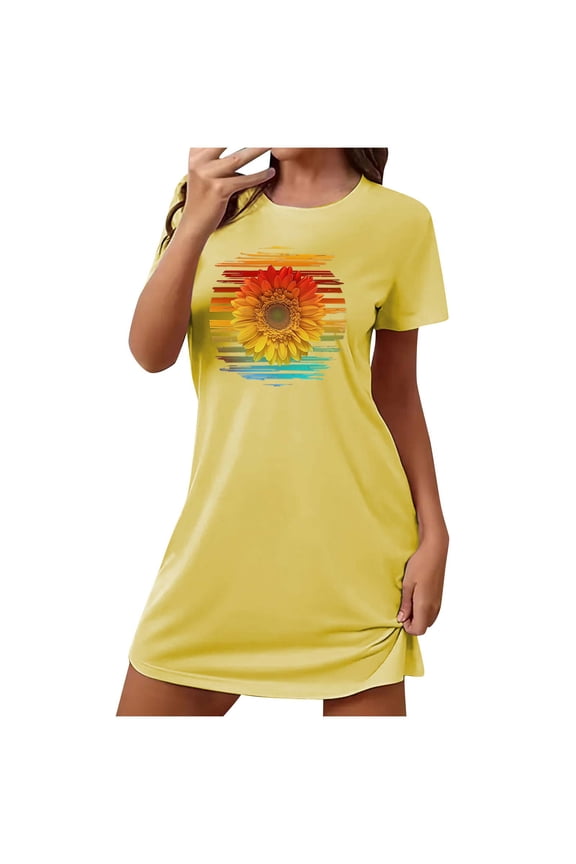 Oversized Nightgown for Women Short Sleeve Printed Sleepshirts Cute Night Shirts Soft Pajama Sleepwear Nightdress Yellow M