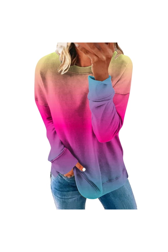 Oversized Sweatshirt for Women Long Sleeve Crew Neck Gradient Color Sweatshirt Plush Winter Warm Loose Casual Pullover Tops Multicolor L