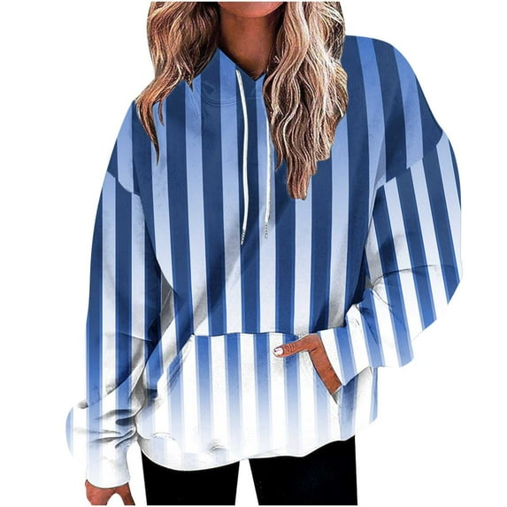 DeHolifer Oversized Sweatshirt for Women Long Sleeve Strip Print Drawstring Pullover Hoodies Sweatshirts