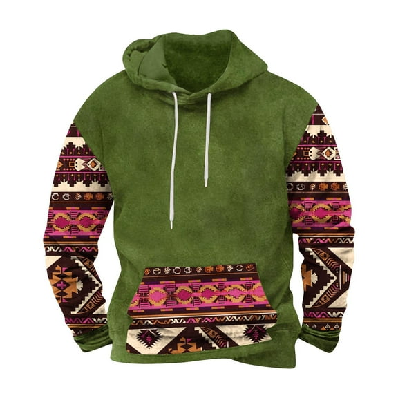 DeHolifer Oversized Sweatshirts for Men Aztec Print Drawstring Long Sleeve Hoodies Pullover Sweatshirts with Pocket Green M