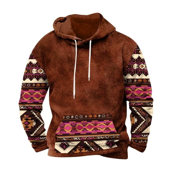 DeHolifer Oversized Sweatshirts for Men Aztec Print Drawstring Long Sleeve Hoodies Pullover Sweatshirts with Pocket Orange L