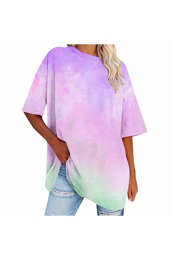 Oversized T-Shirts for Women Tie Dye Printed Casaul Crewneck Short Sleeve Lightweight Tee Tops Purple XL