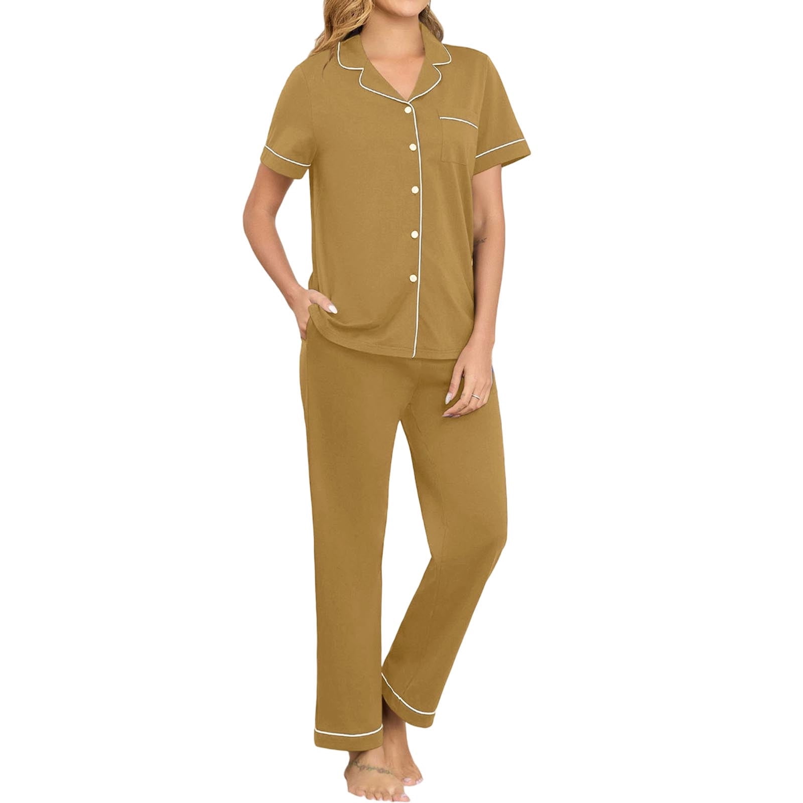 DeHolifer Pajama Set for Women Button Down Short Sleeve Top with Side ...