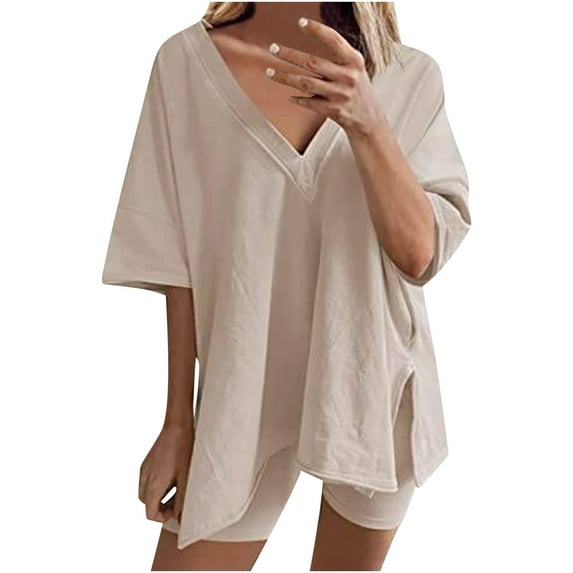 DeHolifer Pajama Set for Women V Neck Short Sleeve Loose Casual 2 Piece Lounge Set Tops And Shorts Solid Soft Sleepwear Khaki X-Large