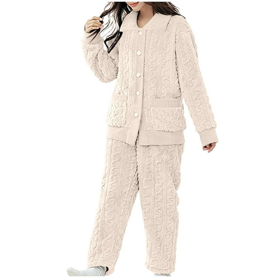 DeHolifer Pajamas Set for Women Long Sleeve Soft Solid Casual Button Fleece Coat and Long Pants 2 Piece Plush Sleepwear Lounge Sets Beige M